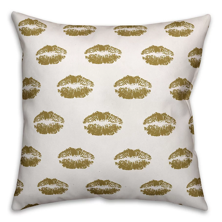  Hello Gorgeous Gold Lips Square Throw Pillow in BlackGold