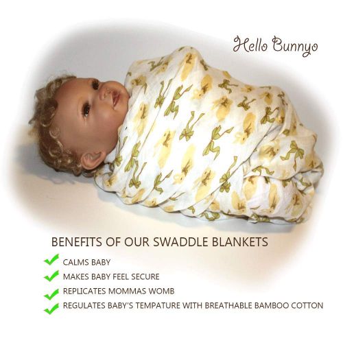  Hello Bunnyo Muslin Baby Swaddle Blanket Set Large Soft Silky Bamboo Cotton Receiving Blankets for Boy Girl in 2 Unisex Designs Great Newborn Registry Shower
