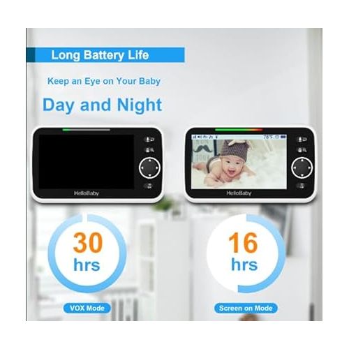  HelloBaby Upgrade Monitor, 5''Sreen with 30-Hour Battery, Pan-Tilt-Zoom Video Baby Monitor with Camera and Audio, Night Vision, VOX, 2-Way Talk, 8 Lullabies and 1000ft Range No WiFi, Ideal Gifts