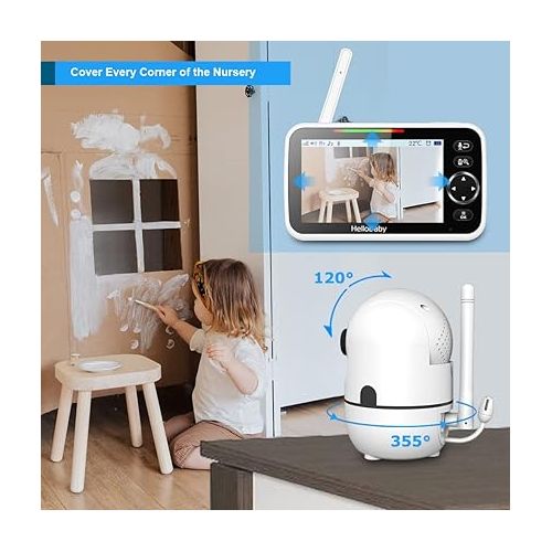  HelloBaby Upgrade Monitor, 5''Sreen with 30-Hour Battery, Pan-Tilt-Zoom Video Baby Monitor with Camera and Audio, Night Vision, VOX, 2-Way Talk, 8 Lullabies and 1000ft Range No WiFi, Ideal Gifts
