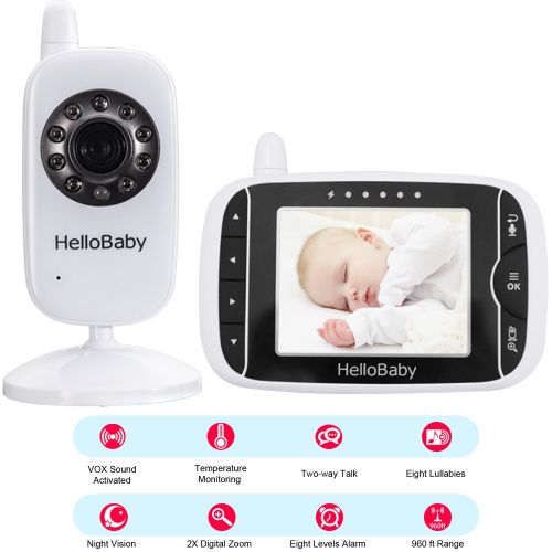  HelloBaby Video Baby Monitor with Remote Camera Pan-Tilt-Zoom, 2.4 Color LCD Screen, Infrared...
