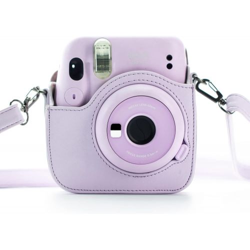 HelloHelio Vintage Protective Case for Fujifilm Instax Mini 11 Instant Camera, Bag with Pocket and Removable Shoulder Strap - Lilac Purple