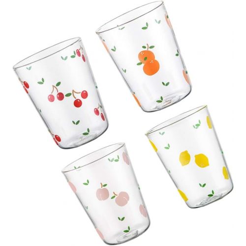  [아마존베스트]Hemoton 4pcs Glass Coffee Cups Drinking Glasses Glass Mugs with Fruit Pattern for Drinks Water Juice Beer Cocktail Mixed Pattern