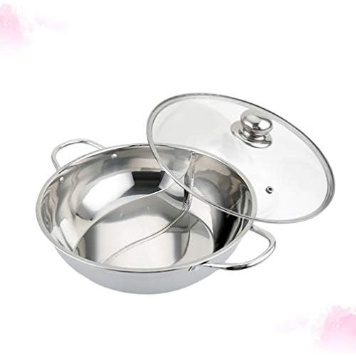  [아마존베스트]Hemoton Hot Pot Stainless Steel Shabby Hot Pot Double Sided Hot Pot with Divider and Lid Cookware for Electric Induction Hob Gas Hob 28 cm