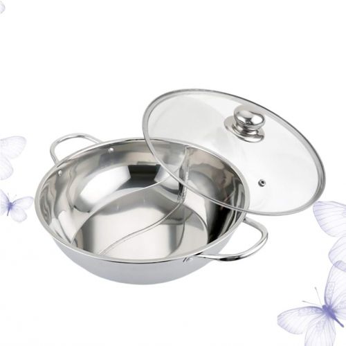  [아마존베스트]Hemoton Hot Pot Stainless Steel Shabby Hot Pot Double Sided Hot Pot with Divider and Lid Cookware for Electric Induction Hob Gas Hob 28 cm