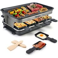 HENGB Raclette Grill for 8 People 8 Mini Raclette Pans for Cooking Cheese and Side Dishes & A Wooden Spatula Raclette Flexible Temperature Control Large Square Non-Stick Cooking Surface