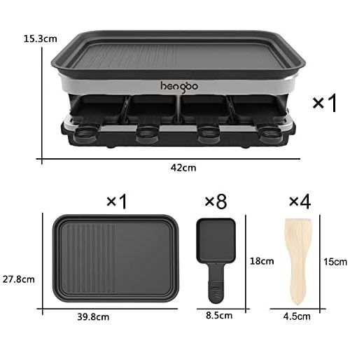  HENGB Raclette Grill for 8 People 8 Mini Raclette Pans for Cooking Cheese and Side Dishes & A Wooden Spatula Raclette Flexible Temperature Control Large Square Non-Stick Cooking Surface