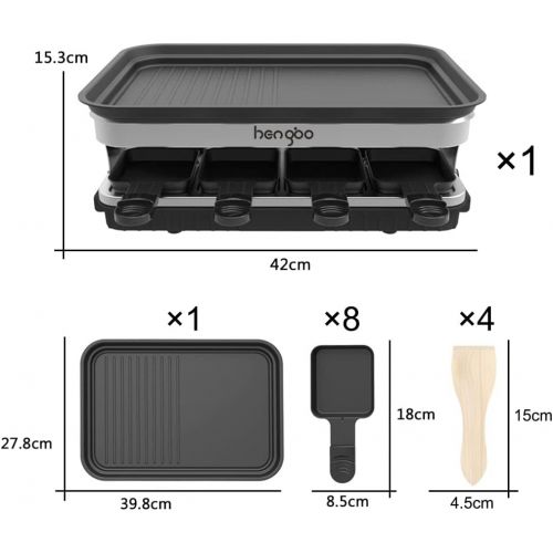  HENGB Raclette Grill for 8 People 8 Mini Raclette Pans for Cooking Cheese and Side Dishes & A Wooden Spatula Raclette Flexible Temperature Control Large Square Non-Stick Cooking Surface