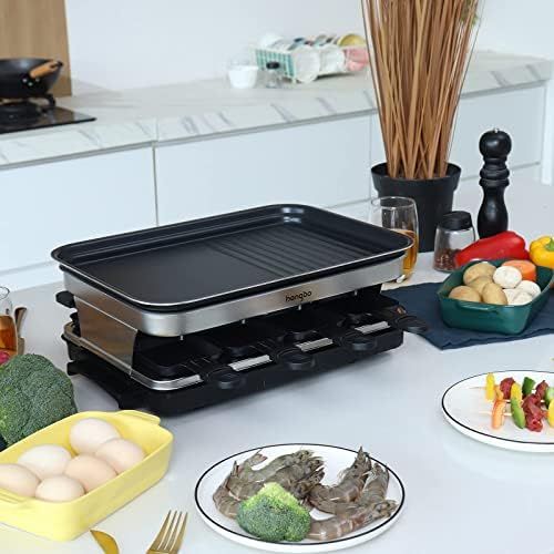  HENGB Raclette Grill for 8 People 8 Mini Raclette Pans for Cooking Cheese and Side Dishes & A Wooden Spatula Raclette Flexible Temperature Control Large Square Non-Stick Cooking Surface
