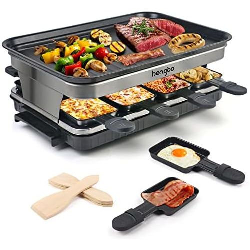  HENGB Raclette Grill for 8 People 8 Mini Raclette Pans for Cooking Cheese and Side Dishes & A Wooden Spatula Raclette Flexible Temperature Control Large Square Non-Stick Cooking Surface