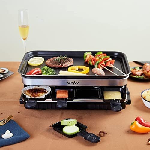  HENGB Raclette Grill for 8 People 8 Mini Raclette Pans for Cooking Cheese and Side Dishes & A Wooden Spatula Raclette Flexible Temperature Control Large Square Non-Stick Cooking Surface