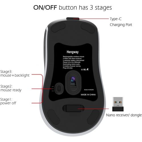  [아마존베스트]Hengway Rechargeable Wireless Mouse with 6 Keys,cyclic Illuminating Powered by Li-Polymer Battery,Optical Sensor,Nano USB Receiver,3-Stage DPI speeds for PC,Laptop,Tablet, MacBook etc(Fire