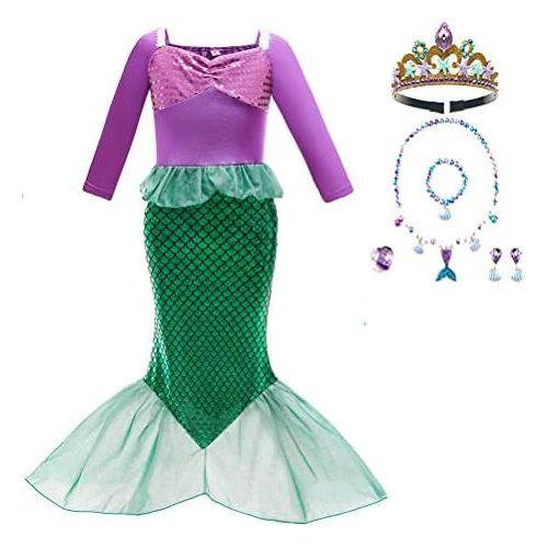  HenzWorld Mermaid Costume for Little Girls Princess Dress up Birthday Cosplay Party Christmas Gifts Outfits Jewelry