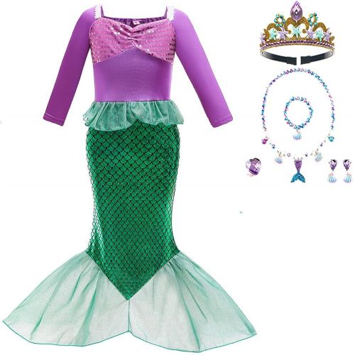  HenzWorld Mermaid Costume for Little Girls Princess Dress up Birthday Cosplay Party Christmas Gifts Outfits Jewelry