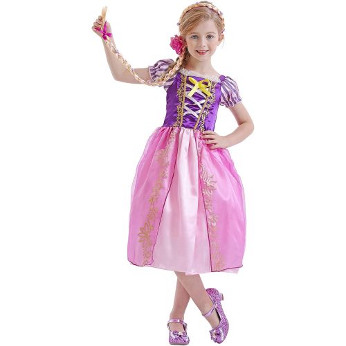  HenzWorld Princess Dress Costume for Little Girls Birthday Party Dress up Fairy Tales Cosplay Wig Braid Accessories