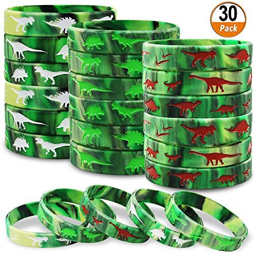  Heqishun Dinosaurs Silicone Wristbands 30 Pack Dinosaurs World Jurassic Party Supplies for Dinosaurs Theme Party Birthday Party Favors Gifts Bags Stuffers - 3 Colors