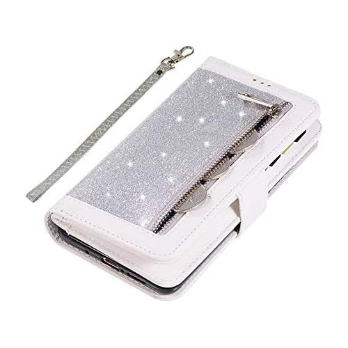  Herbests Kompatibel mit Samsung Galaxy A40 Handyhuelle Handytasche mit 9 Kartenfacher Handschlaufe Leder Huelle Reissverschluss Magnet Luxus Bling Glanzend Multifunktions Flip Case,Si