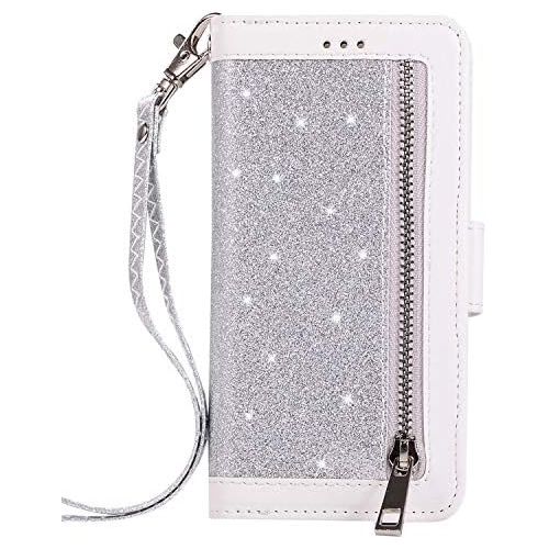  Herbests Kompatibel mit Samsung Galaxy A40 Handyhuelle Handytasche mit 9 Kartenfacher Handschlaufe Leder Huelle Reissverschluss Magnet Luxus Bling Glanzend Multifunktions Flip Case,Si