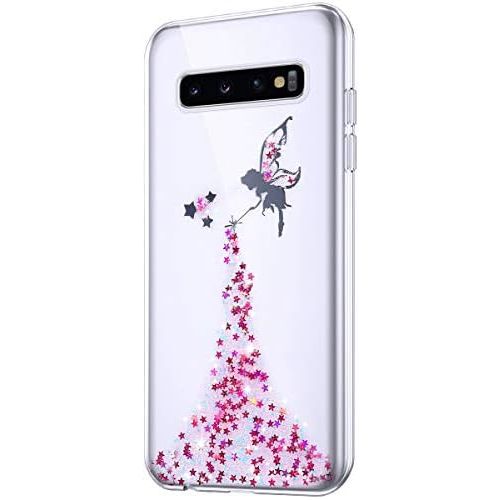  [아마존베스트]Herbests Case Compatible with Samsung Galaxy S10 Shiny Glitter Bling Crystal Stars Angel Girl Transparent TPU Silicone Mobile Phone Case Crystal Case Thin Bumper Case Pink