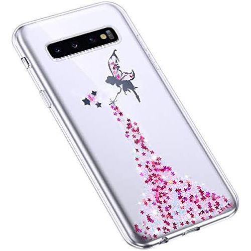  [아마존베스트]Herbests Case Compatible with Samsung Galaxy S10 Shiny Glitter Bling Crystal Stars Angel Girl Transparent TPU Silicone Mobile Phone Case Crystal Case Thin Bumper Case Pink