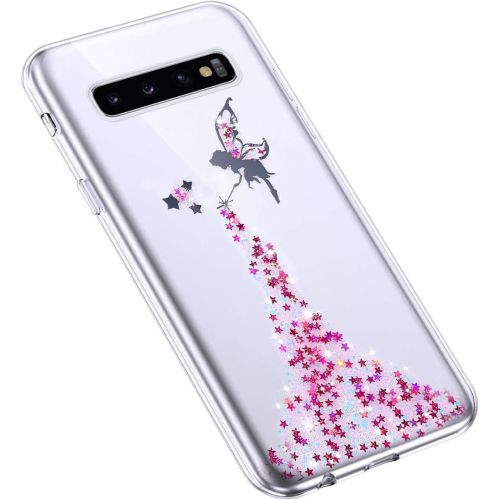  [아마존베스트]Herbests Case Compatible with Samsung Galaxy S10 Shiny Glitter Bling Crystal Stars Angel Girl Transparent TPU Silicone Mobile Phone Case Crystal Case Thin Bumper Case Pink