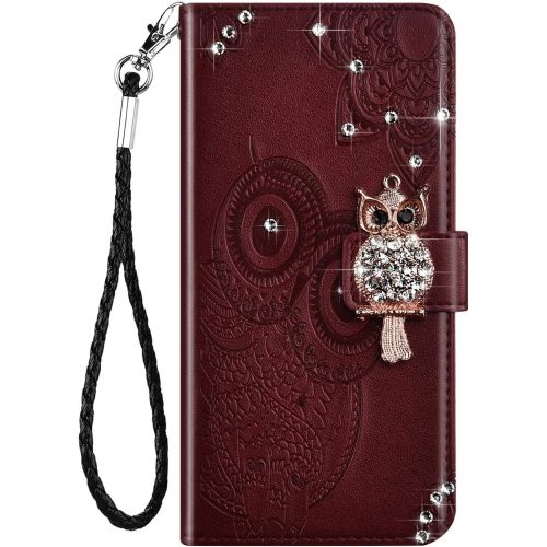  [아마존베스트]Herbests Compatible with Samsung Galaxy S20 Plus Mobile Phone Case Glitter Bling Rhinestone Diamond Owl Mandala Flowers Pattern Leather Flip Case Cover Protective Flip Case Magneti