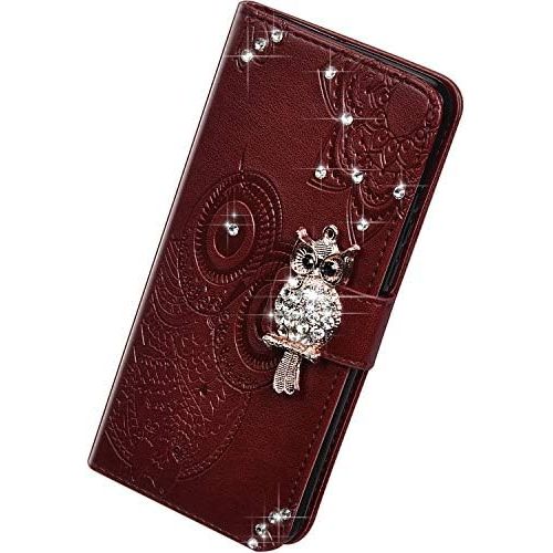  [아마존베스트]Herbests Compatible with Samsung Galaxy A21S Mobile Phone Case Glitter Bling Rhinestone Diamond Owl Mandala Flowers Pattern Leather Flip Case Cover Protective Flip Case Magnetic Br