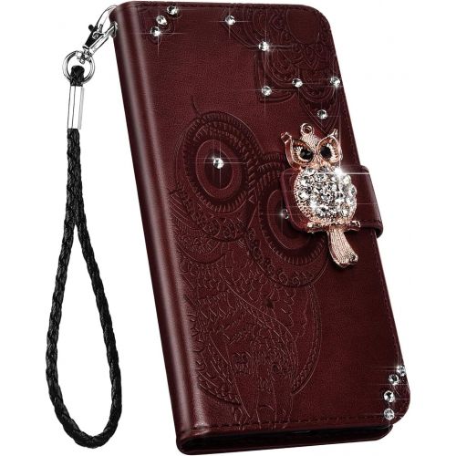  [아마존베스트]Herbests Compatible with Samsung Galaxy A21S Mobile Phone Case Glitter Bling Rhinestone Diamond Owl Mandala Flowers Pattern Leather Flip Case Cover Protective Flip Case Magnetic Br