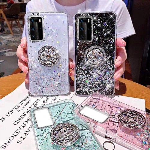  [아마존베스트]Herbests Compatible with Huawei P40 Pro Case with Ring Holder Stand Shiny Bling Rhinestone Glitter Star Transparent TPU Silicone Protective Mobile Phone Case Crystal Clear Case Gre