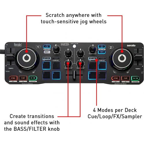  Hercules DJControl Starlight | Pocket USB DJ Controller with Serato DJ Lite, touch-sensitive jog wheels, built-in sound card and built-in light show: Musical Instruments