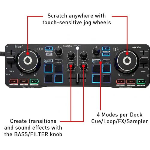  [아마존베스트]Hercules DJControl Starlight | Pocket USB DJ Controller with Serato DJ Lite, touch-sensitive jog wheels, built-in sound card and built-in light show