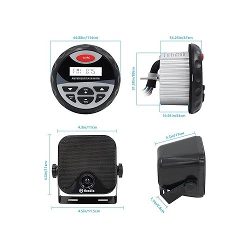  Herdio Receiver/Speaker Package, MP3/USB AM/FM Marine Stereo Bundle for Boat ATV UTV SPA.