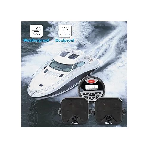  Herdio Receiver/Speaker Package, MP3/USB AM/FM Marine Stereo Bundle for Boat ATV UTV SPA.