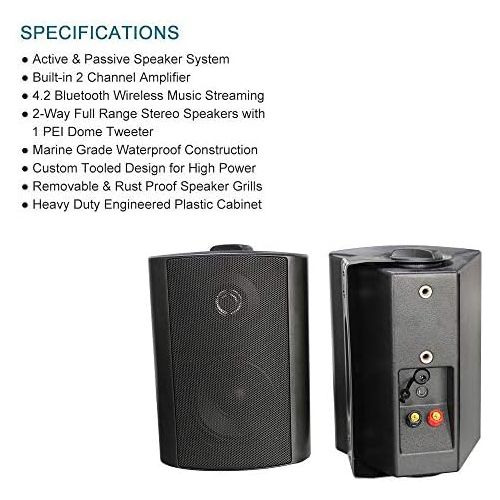  Herdio 4 Inches Outdoor Indoor Patio Bluetooth Wall Mount Speakers Waterproof (Black)