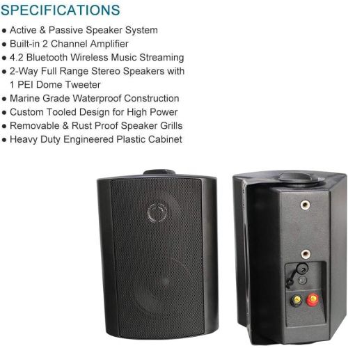  Herdio 4 Inches Outdoor Indoor Patio Bluetooth Wall Mount Speakers Waterproof (Black)