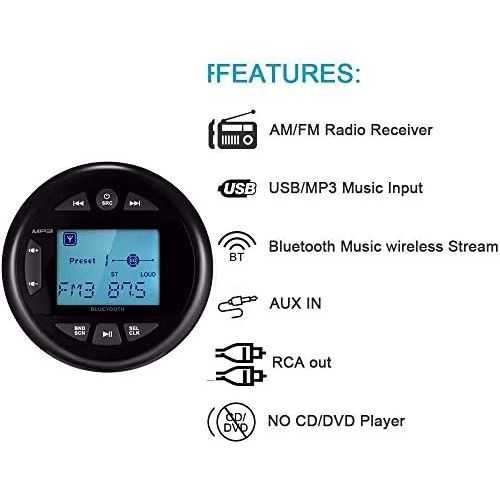  Herdio 4 Inches Mp3 USB AM FM Compatible Weather-Proof Marine & UTV Gauge Stereo Bluetooth Radio Receiver Built-in Amplifier-Black
