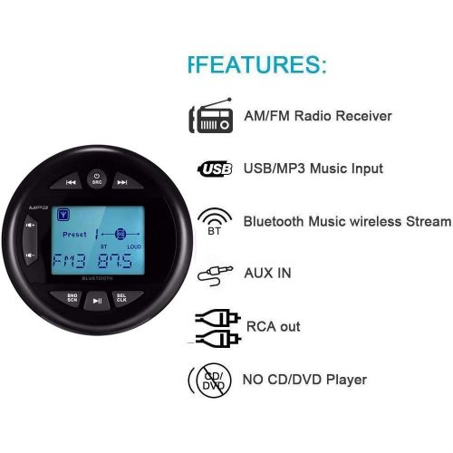  Herdio 4 Inches Mp3 USB AM FM Compatible Weather-Proof Marine & UTV Gauge Stereo Bluetooth Radio Receiver Built-in Amplifier-Black