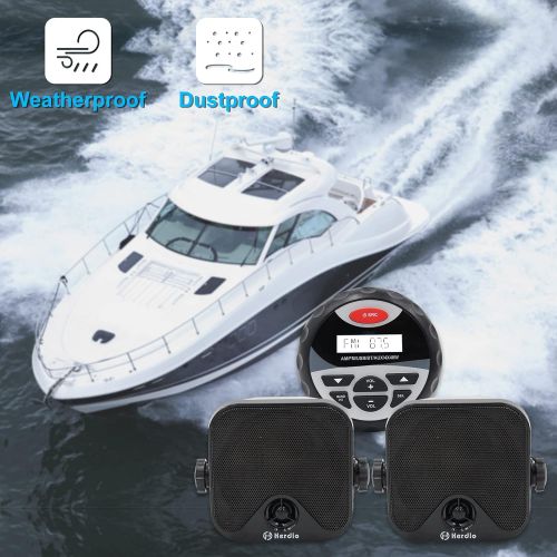  Herdio Receiver/Speaker Package, Bluetooth, MP3/USB AM/FM Marine Stereo Bundle for Boat ATV UTV SPA.