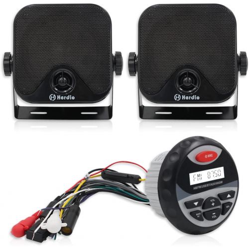  Herdio Receiver/Speaker Package, Bluetooth, MP3/USB AM/FM Marine Stereo Bundle for Boat ATV UTV SPA.