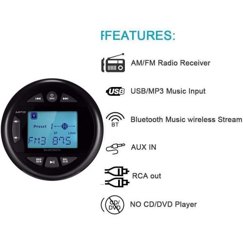  Herdio 4 Inches Mp3 USB AM FM Compatible Weather-Proof Marine & UTV Gauge Bluetooth Stereo Radio + 4 Inches Marine Surface Mount Box Speakers(Black)