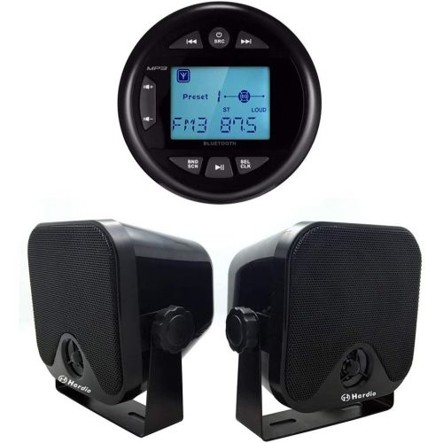  Herdio 4 Inches Mp3 USB AM FM Compatible Weather-Proof Marine & UTV Gauge Bluetooth Stereo Radio + 4 Inches Marine Surface Mount Box Speakers(Black)