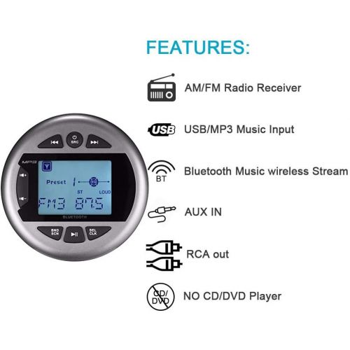  Herdio Marine Gauge Stereo -Boat Golf Cart Motorcycle AM FM Radio Digital Media Receiver MP3 Player USB AUX in