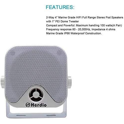  Herdio Receiver/Speaker Package, Bluetooth, MP3/USB AM/FM Marine Stereo Bundle for Boat ATV UTV SPA (White)