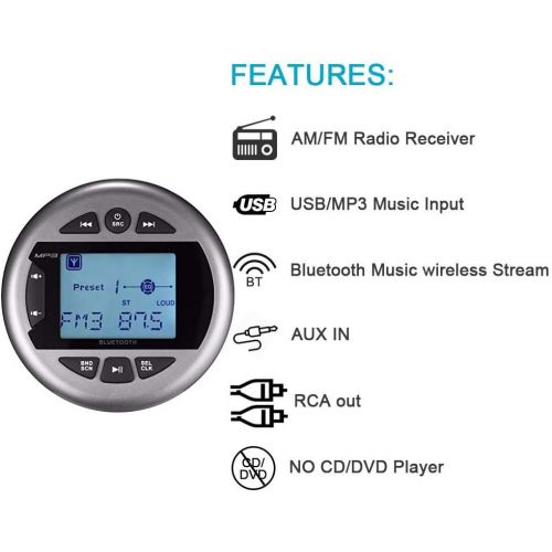  [아마존베스트]Herdio Marine Gauge Stereo -Boat Golf Cart Motorcycle AM FM Radio Digital Media Receiver MP3 Player USB AUX in