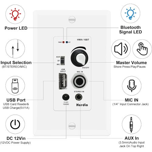  Herdio Home Audio Package Wall Mount Control Bluetooth Amplifier Receiver System with 300Watt in Ceiling Wall Passive Speakers Perfect for Home Theater Office Bathroom Kitchen Livi