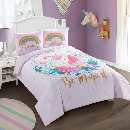  [아마존베스트]Heritage Kids Kids and Toddler Ultra-Soft Magical Unicorn and Rainbow Easy-Wash Microfiber Comforter Bed Set, Twin, Light Pink