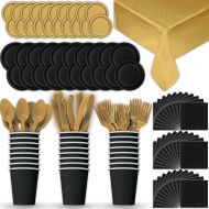 HeroFiber Paper Tableware Set for 24 - Black & Gold - Dinner and Dessert Plates, Cups, Napkins, Cutlery (Spoons, Forks, Knives), and Tablecloths - Full Two-Tone Party Supplies Pack