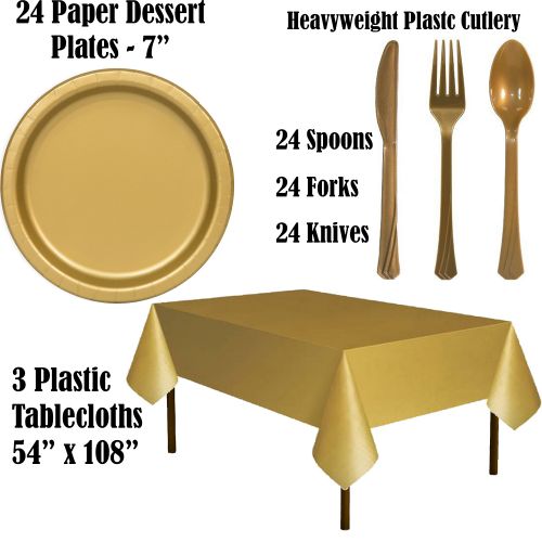  HeroFiber Paper Tableware Set for 24 - Black & Gold - Dinner and Dessert Plates, Cups, Napkins, Cutlery (Spoons, Forks, Knives), and Tablecloths - Full Two-Tone Party Supplies Pack