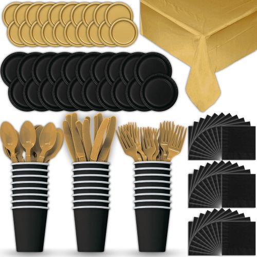  HeroFiber Paper Tableware Set for 24 - Black & Gold - Dinner and Dessert Plates, Cups, Napkins, Cutlery (Spoons, Forks, Knives), and Tablecloths - Full Two-Tone Party Supplies Pack