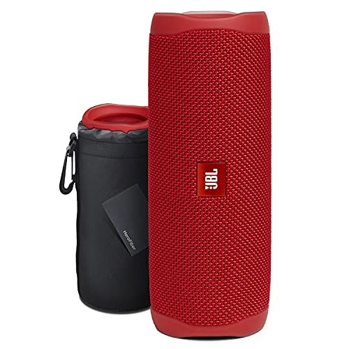  JBL Speaker Flip 5 Wireless Bluetooth Waterproof Portable Speaker (Red) + Matching Wrist Strap + Xtech Carrying Pouch, USB Charging Cable, Wall Adapter & HeroFiber Cleaning Cloth ?